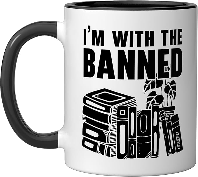 I'm With The Banned Bookworm Book Lover Bibliophile Ceramic Mug, Black/White
