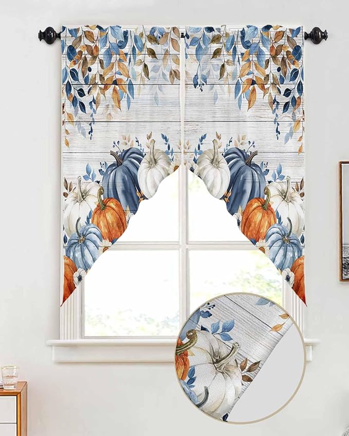 Blue White Orange Pumpkins Eucalyptus Leaves Fall Swag Valance Curtains Autumn Thanksgiving Vintage Wood Grain Rod Pocket Kitchen Curtains, Scalloped Window Treatment Valances, 1 Pair, 36"W x 36"L