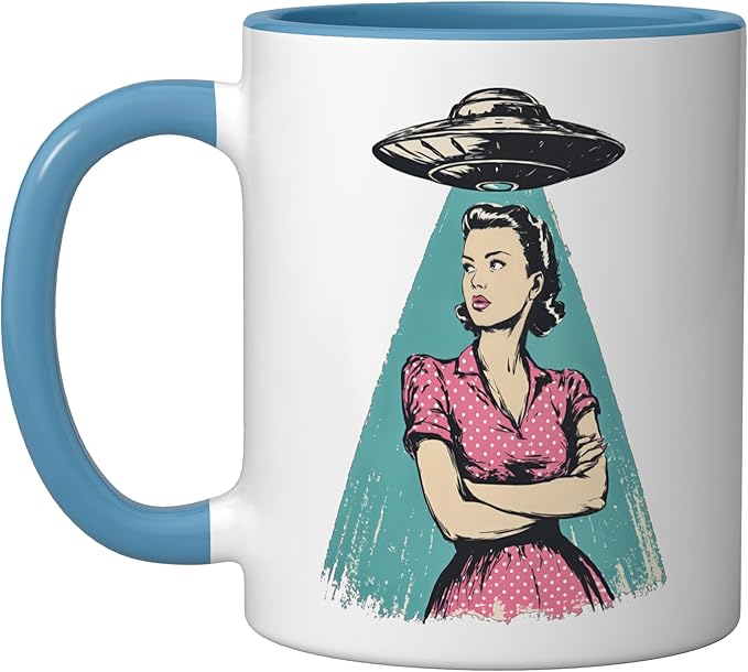 Retro 1950s UFO Pinup Woman Sci Fi Alien Design Ceramic Mug, Blue/White