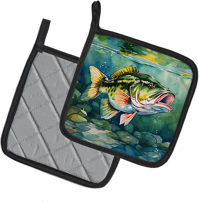 Caroline's Treasures Largemouth Bass Pair of Pot Holders Kitchen Heat Resistant Pot Holders Sets Oven Hot Pads for Cooking Baking BBQ, 7 1/2 x 7 1/2