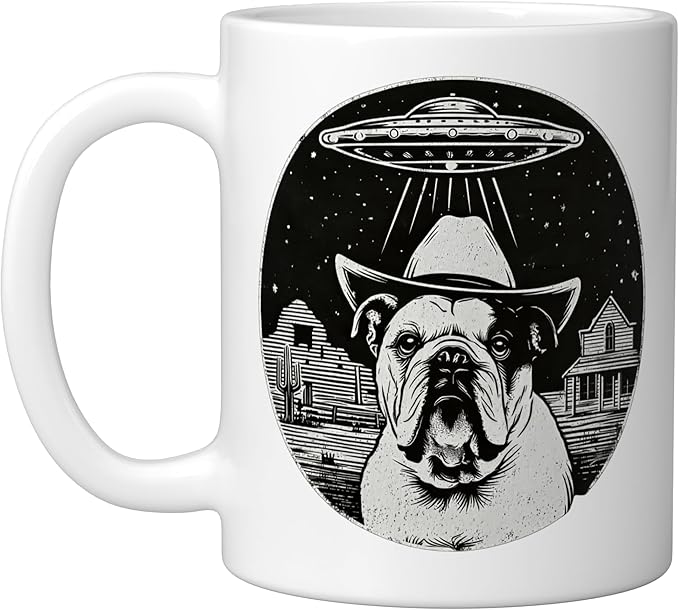 Retro UFO Cowboy Bulldog Western Sci Fi Alien Ceramic Mug, White