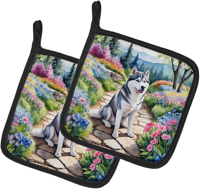 Caroline's Treasures Siberian Husky Spring Path Pair of Pot Holders Kitchen Heat Resistant Pot Holders Sets Oven Hot Pads for Cooking Baking BBQ, 7 1/2 x 7 1/2