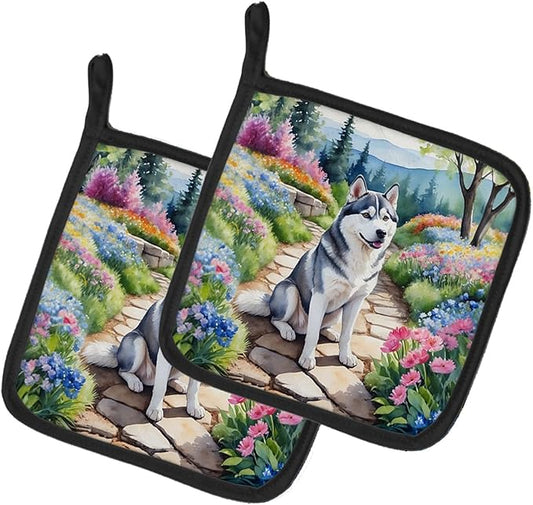 Caroline's Treasures Siberian Husky Spring Path Pair of Pot Holders Kitchen Heat Resistant Pot Holders Sets Oven Hot Pads for Cooking Baking BBQ, 7 1/2 x 7 1/2
