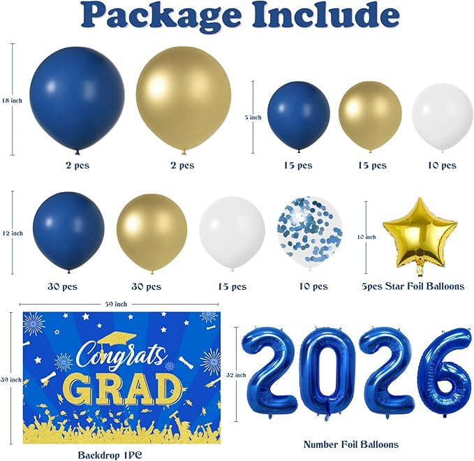 Graduation Decorations Class of 2026: Blue and Gold Graduation Balloons Arch Kit 2026 Grad Party Decorartion with Congrats Grad Backdrop Party Supplies for High School & College Celebrations