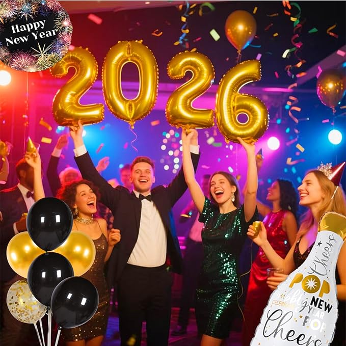 New Year Decorations 2026, Happy New Years Supplies 2026 Balloons Decoration Kit with Balloon Happy New Year Banner Foil Balloons Fringe Curtain for NYE Backdrop Decorations