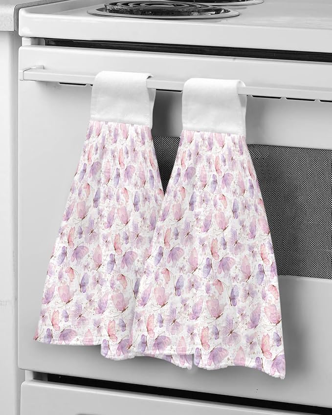 Alandar Home Kitchen Tie Towel Set of 2, Spring Watercolor Butterfly on White Absorbent Soft Hand Towels for Bathroom Hanging Towels, Pink Purple Insects Fast Drying Cleaning Cloth with Loop