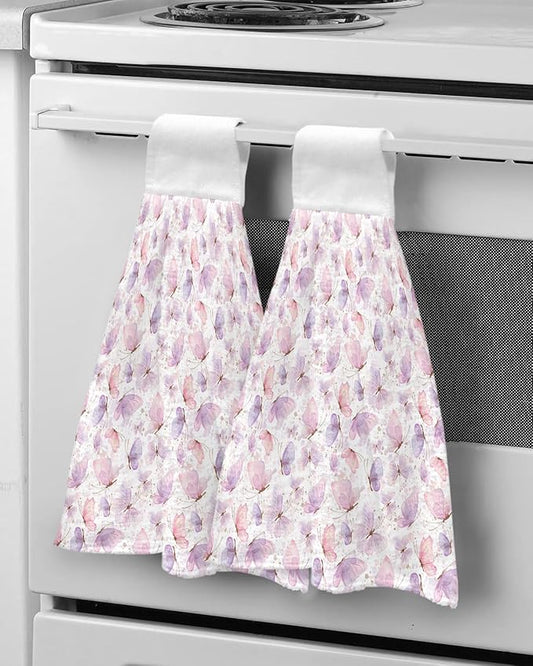 Alandar Home Kitchen Tie Towel Set of 2, Spring Watercolor Butterfly on White Absorbent Soft Hand Towels for Bathroom Hanging Towels, Pink Purple Insects Fast Drying Cleaning Cloth with Loop