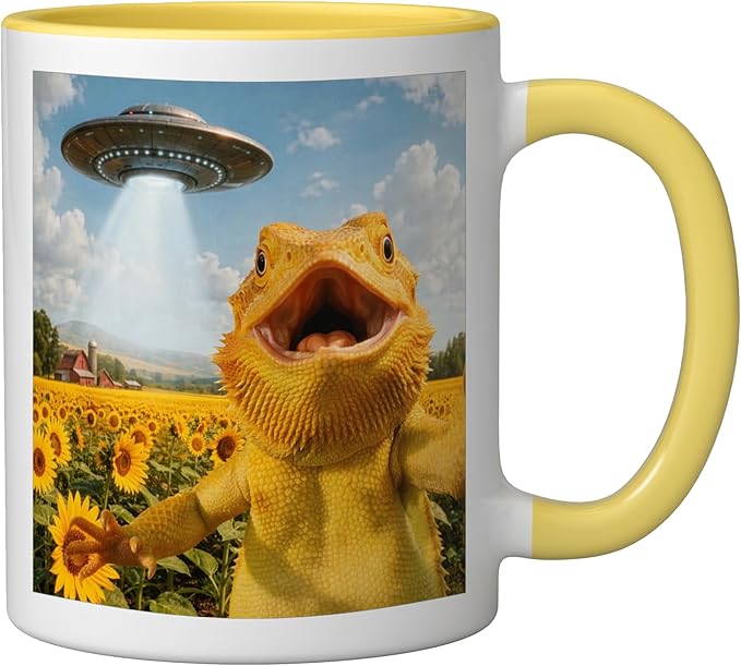Funny Bearded Dragon Selfie with Alien UFO Ceramic Mug, Yellow/White