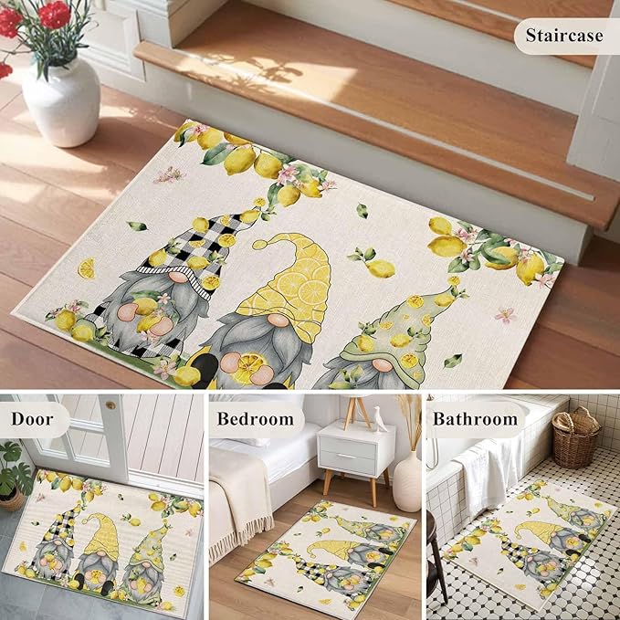 Area Rug 2x3ft, Summer Gnome with Lemon Washable Rugs for Living Room Bedroom, Farmhouse Dwarf Fruit on Linen Soft Non-Slip Area Rugs Rectangle Floor Carpet for Dining Room