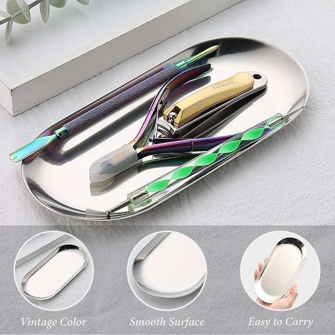 SUTOKAKA Decorative Serving Tray, Manicure Tools Storage Dish, Perfume Jewelry Dinner Placing Plate for Bedroom Kitchen Salon Supplies (Stainless Steel - 2PC, 7.09 * 3.35 * 0.39 Inch)