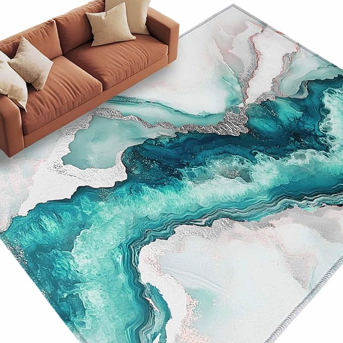 Area Rug 6x9ft, Abstract Blue Marble Texture Washable Rugs for Living Room Bedroom, Modern Luxury Pattern Soft Non-Slip Area Rugs Rectangle Floor Carpet for Dining Room