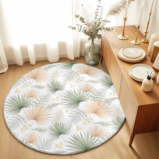 Washable Round Area Rug Boho Tropical Palm Circle Rugs Floor Carpet for Living Room Bedroom, Watercolor Seamless Background Soft Non Slip Round Rug 5ft