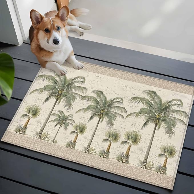 Area Rug 2x3ft, Coastal Tropical Olive Green Palm Trees Washable Rugs for Living Room Bedroom, Classic Retro Linen Soft Non-Slip Area Rugs Rectangle Floor Carpet for Dining Room
