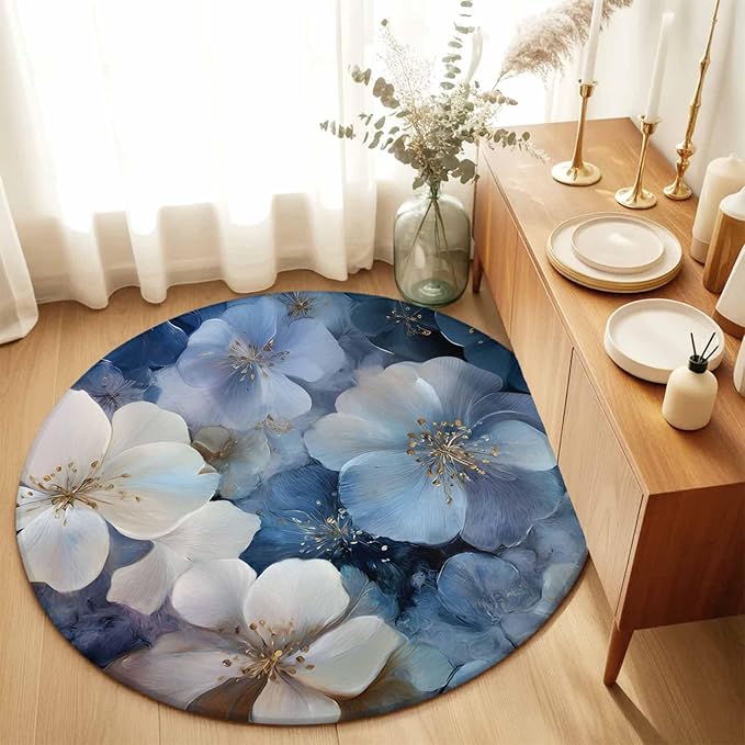 Washable Round Area Rug Watercolor White Navy Blue Floral Foliage Circle Rugs Floor Carpet for Living Room Bedroom, Abstract Flower Soft Non Slip Round Rug 5ft