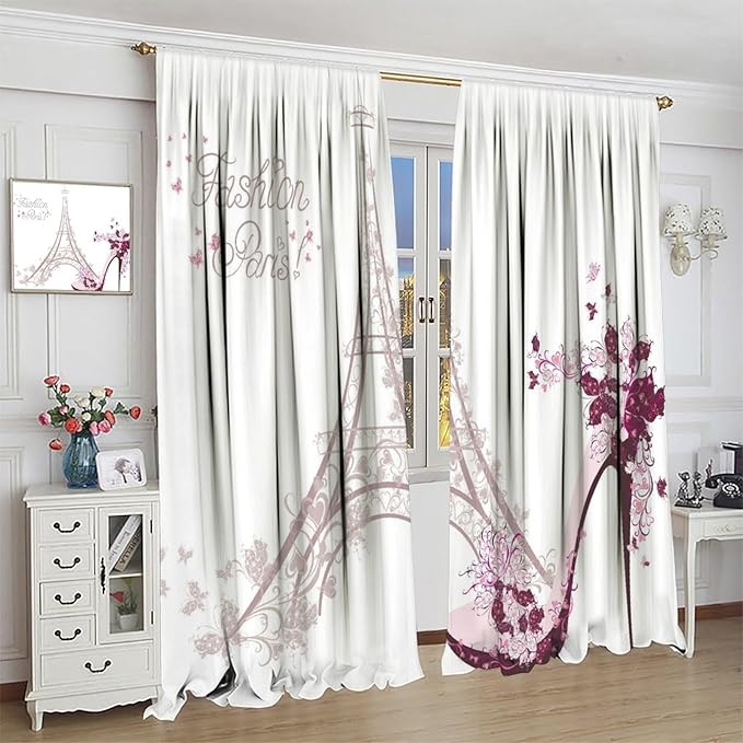 High Heel Shoe Curtains, Girls Lady Floral Eiffel Tower Cloth Farbic Window Treatment Curtains Bedroom Dining Room Living Room Office Kitchen Cafe Drapes, 55x63 in