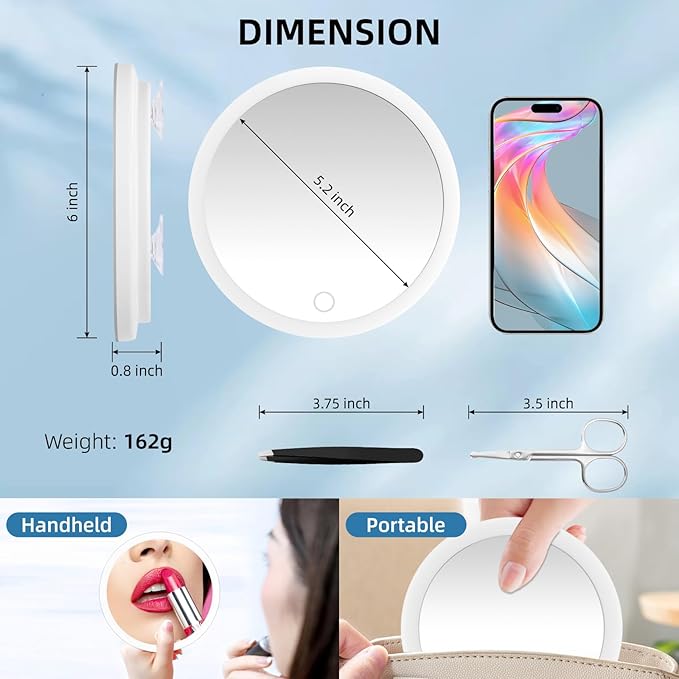 20X Concave Magnifying Mirror with Lights, 3-Color Light Adjustable Brightness, 6inch Travel Magnified Mirror with Suction Cups, Large 20x High Makeup Magnification and Tweezers
