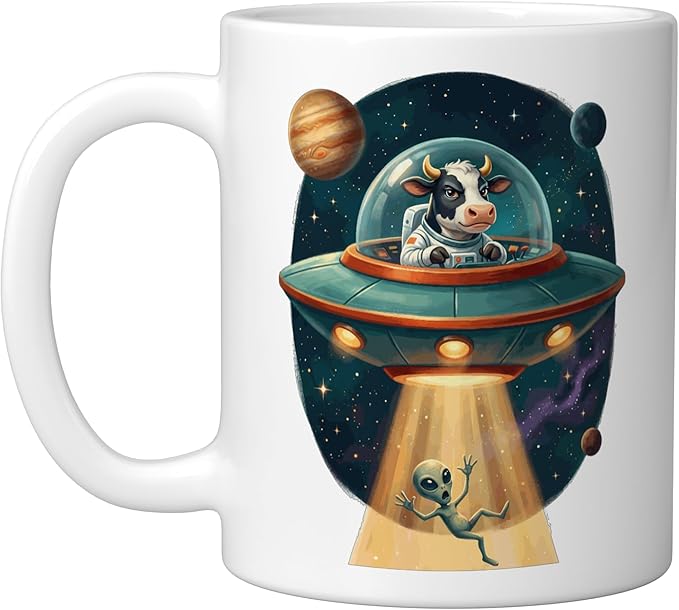 Funny Cow Astronaut UFO Abducting Alien Space Graphic Ceramic Mug, White
