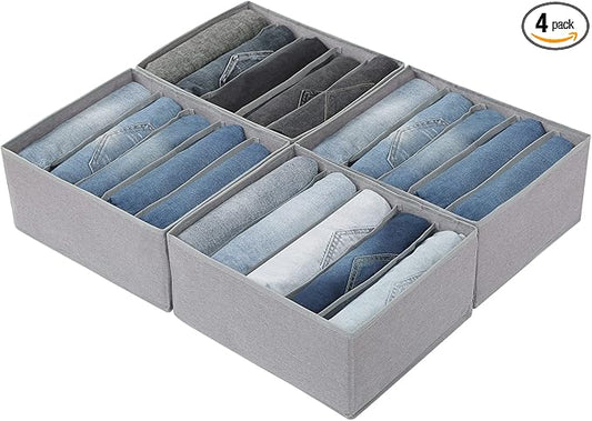 Qozary Pants Jeans Organizer for Closet, 4 Pack Drawer Organizers for Clothing, 5 Grids Wardrobe Clothes Storage for Deep Drawer, T-Shirts, Legging, Short