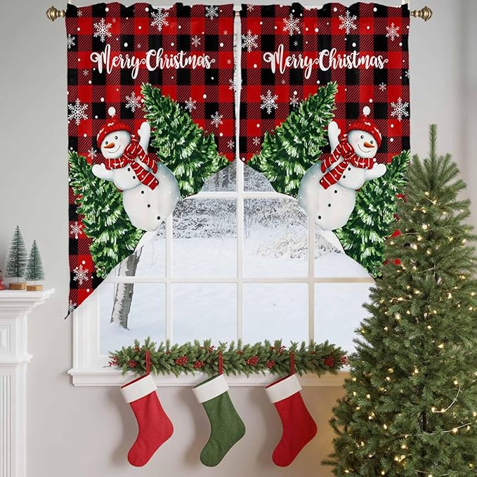 Christmas Tree Snowman Swag Valance Curains Winter Snowflakes Red Buffalo Plaid Rod Pocket Kitchen Curtains Scalloped Window Treatment Valances Swag for Living Room Bedroom, 1 Pair, 36"W x 45"L
