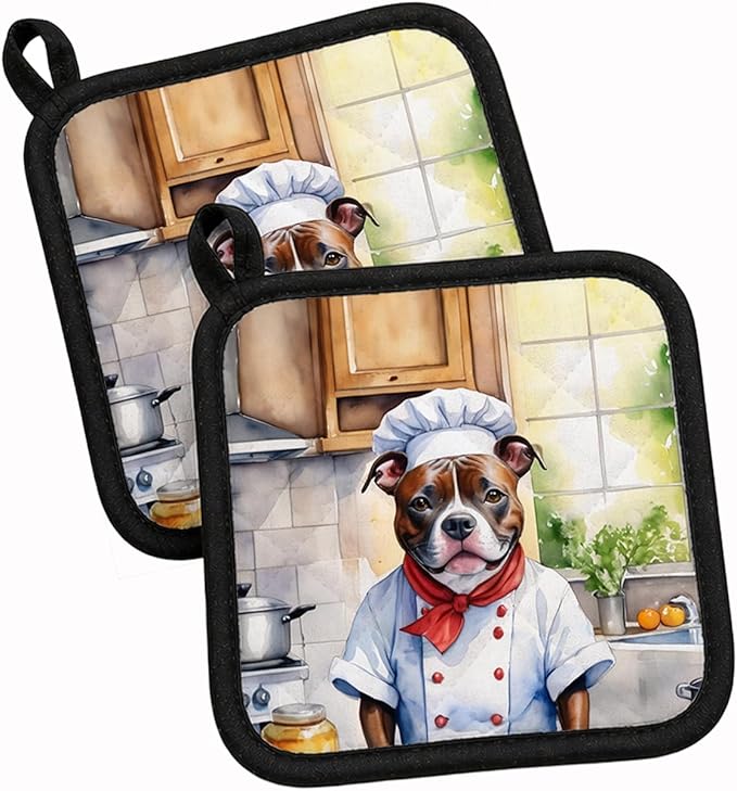 Caroline's Treasures Staffordshire Bull Terrier The Chef Pair of Pot Holders Kitchen Heat Resistant Pot Holders Sets Oven Hot Pads for Cooking Baking BBQ, 7 1/2 x 7 1/2