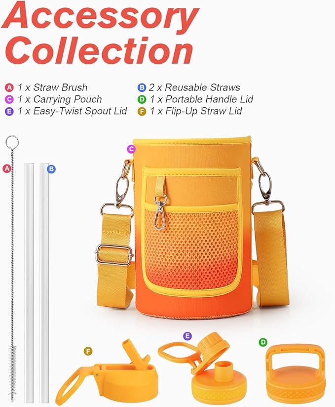 Half Gallon Water Bottle Insulated with Straw & 3 Lids, Coolflask 64 oz Water Jug Large Metal Stainless Steel Wide Mouth for Sports, Gym or Office, Non-BPA Keep Cold 48H Hot 24H, Ombre Yellow/Orange