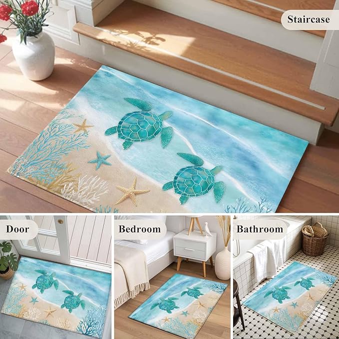 Area Rug 2x3ft, Sea Turtle Starfish Coral Washable Rugs for Living Room Bedroom, Summer Seaside Ocean Life Soft Non-Slip Area Rugs Rectangle Floor Carpet for Dining Room