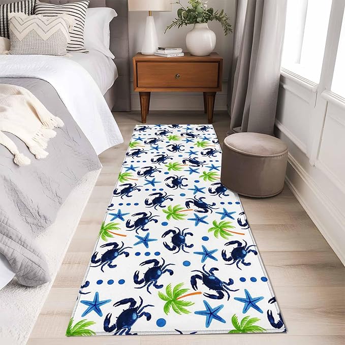 Runner Rug for Bedroom Hallway, Abstract Blue Crab Starfish Kitchen Runner Rugs Area Rug 2x6ft, Watercolor Palm Tree Washable Soft Floor Carpet for Entryway Stair