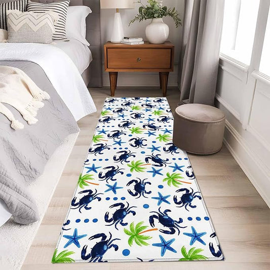 Runner Rug for Bedroom Hallway, Abstract Blue Crab Starfish Kitchen Runner Rugs Area Rug 2x6ft, Watercolor Palm Tree Washable Soft Floor Carpet for Entryway Stair