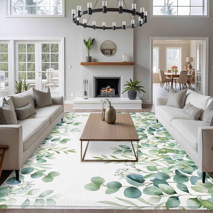 Sage Green Eucalyptus Leaves 5x8 Area Rugs, Farmhouse Botanical Non-Skid Rubber Backing Large Rectangle Rugs - Living Room Bedroom Home Office, Country Indoor Floor Mat Carpets Washable Rug