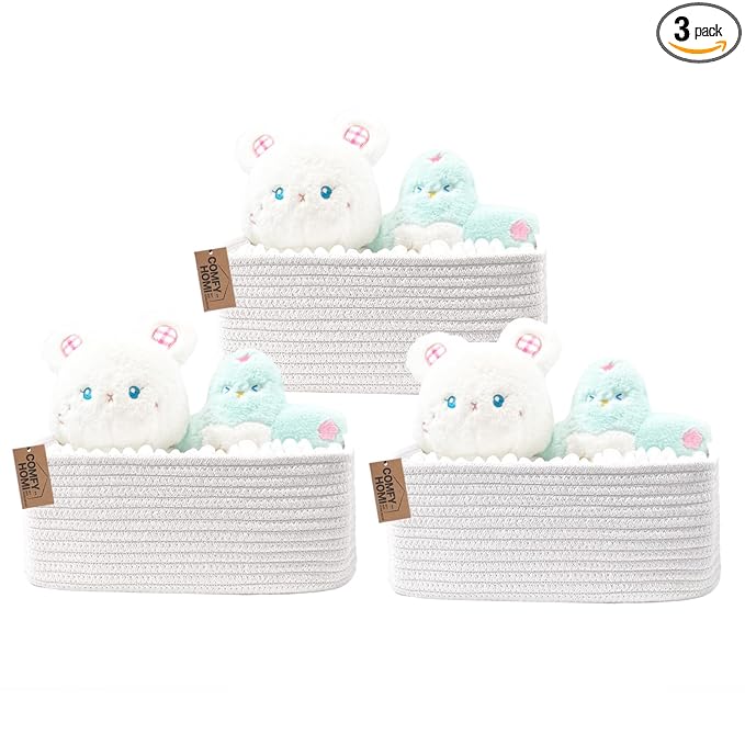 COMFY-HOMI 11.5"x7.5"x4.7" Storage Baskets for Organizing | Cotton Rope Woven Basket | Toy Storage Bin Box | Basket for Shelves, Closet Organizer Bin, Decorative Closet Shelf, 3 Pack, All white