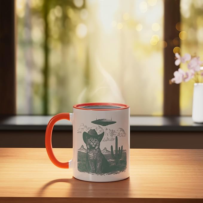 Feline in Hat UFO Sighting Arid Wilderness Cat Design Ceramic Mug, Orange/White