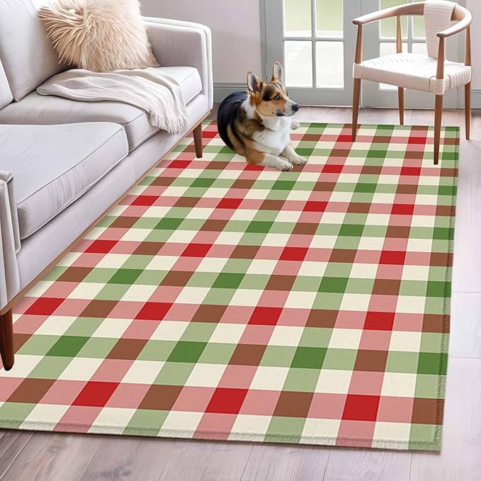 Area Rug 4x6ft, Vintage Pastoral Red Green Buffalo Gingham Washable Rugs for Living Room Bedroom, Christmas Plaid Soft Non-Slip Area Rugs Rectangle Floor Carpet for Dining Room