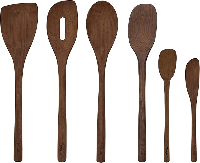 Tovolo Beechwood Cooking Utensils for Cooking Baking Meal Prep Set of 6 Wooden Turner Mixing Slotted Spoon Sandwich Spreader Spoonula Bundle, Long Handle Beechwood Wooden Kitchen Cooking Utensils