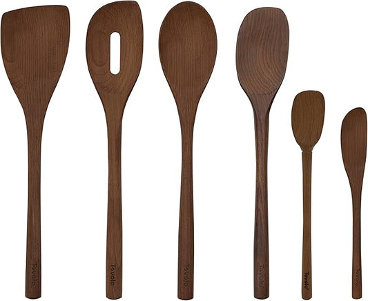 Tovolo Beechwood Cooking Utensils for Cooking Baking Meal Prep Set of 6 Wooden Turner Mixing Slotted Spoon Sandwich Spreader Spoonula Bundle, Long Handle Beechwood Wooden Kitchen Cooking Utensils