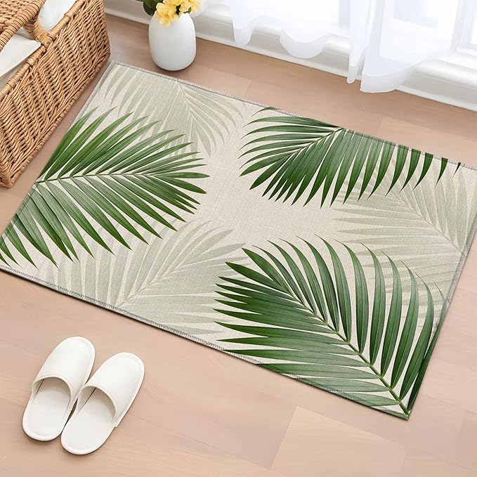 Area Rug 2x3ft, Rustic Sage Green Palm Leaves on Linen Washable Rugs for Living Room Bedroom, Summer Plants Soft Non-Slip Area Rugs Rectangle Floor Carpet for Dining Room