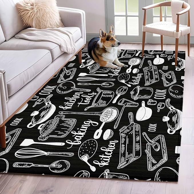 Black Kitchen Tools 4x6 Area Rugs, Modern Cooking Utensil Non-Skid Rubber Backing Large Rectangle Rugs - Living Room Bedroom Home Office, Farmhouse Cookware Indoor Floor Mat Carpets Washable Rug
