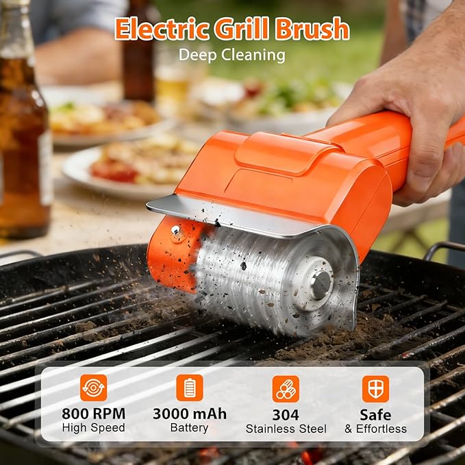 Electric Grill Brush - BBQ Grill Cleaning Tools with 800 RPM Brush Head,3000mAh Battery and 304 Stainless Steel Bristles, Cordless Rechargeable Grill Cleaner for Outdoor (Orange)