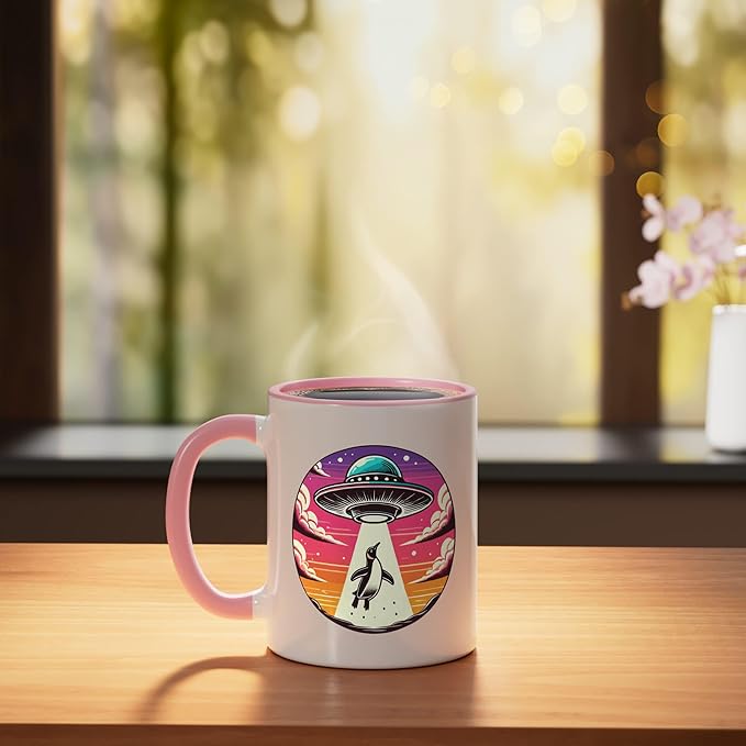 Penguin Abducted Alien Spacecraft Outer Space Abduction Ceramic Mug, Pink/White