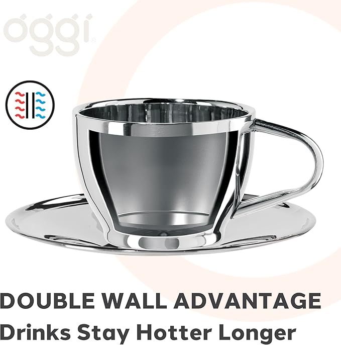 Oggi Insulated Coffee Cups 6oz - Saucer Included - Dual Wall Stainless Steel Technology Coffee or Tea Cup with Elegant Mirror Finish