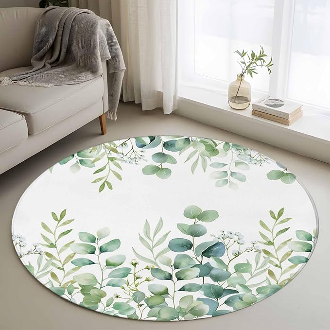 Sage Green Eucalyptus Leaves 4ft Round Rug, Farmhouse Botanical Non-Skid Rubber Backing Large Area Rugs - Living Room Bedroom Home Office, Country Indoor Floor Mat Carpets Washable Rug