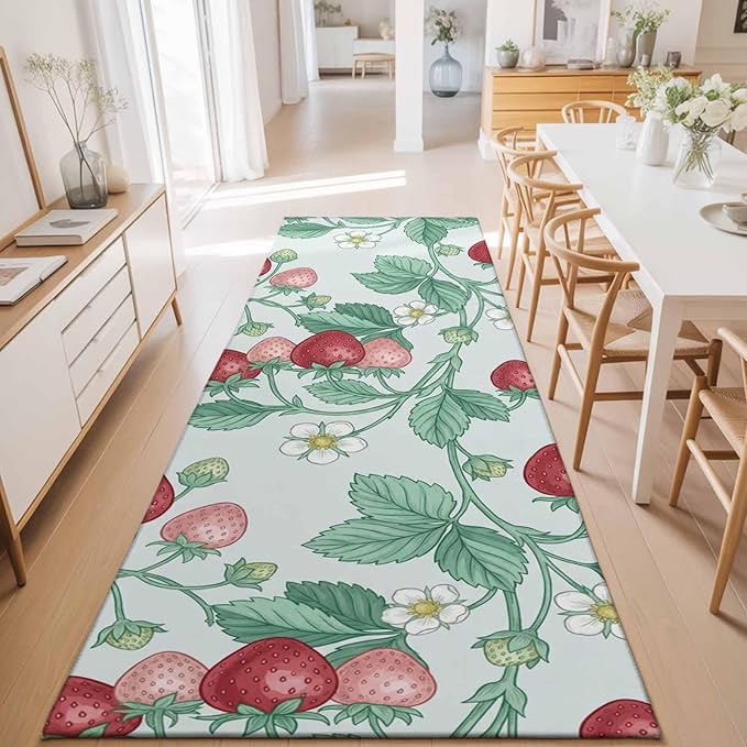 Runner Rug for Bedroom Hallway, Strawberries White Flowers Kitchen Runner Rugs Area Rug 2x6ft, Rustic Garden Botanical Washable Soft Floor Carpet for Entryway Stair