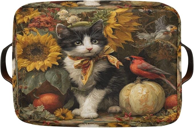 Fall Cat Yellow Sunflowers Rectangular Storage Bin Basket with Handles - Laundry Storage Basket Organizer Bins for Pets Room Books Closet