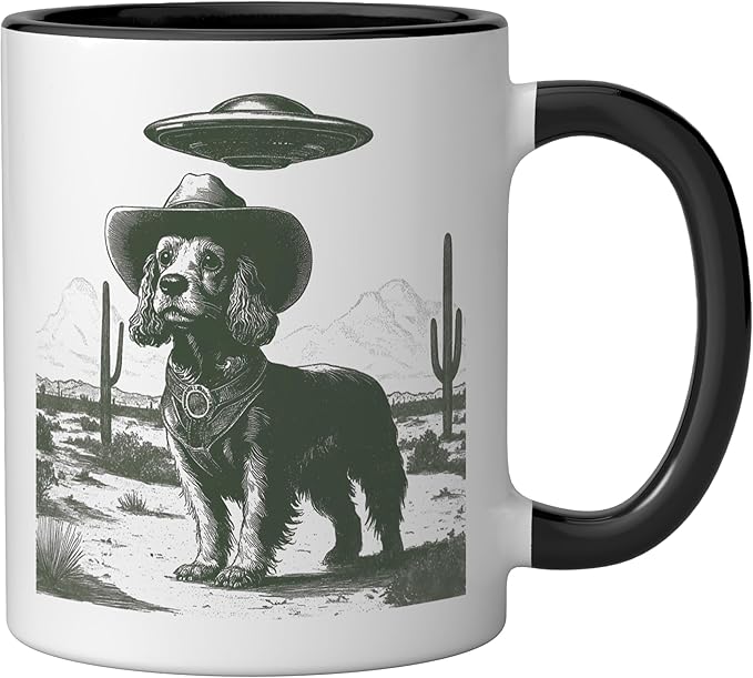 Funny Cowboy Dog UFO Alien Desert Cactus Western Canine Ceramic Mug, Black/White