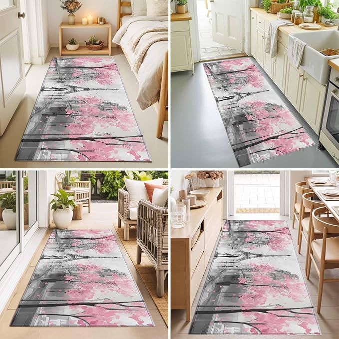 Runner Rug for Bedroom Hallway, Vintage Towel Couple Pink Flower Kitchen Runner Rugs Area Rug 2x6ft, Watercolor Modern City Scene Washable Soft Floor Carpet for Entryway Stair