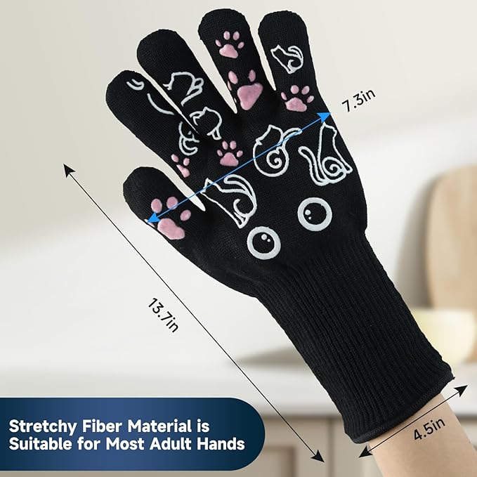 BBQ Gloves - 1472℉ Heat Resistant Grilling Cooking Oven Gloves with Fingers, 1 Pair Cat
