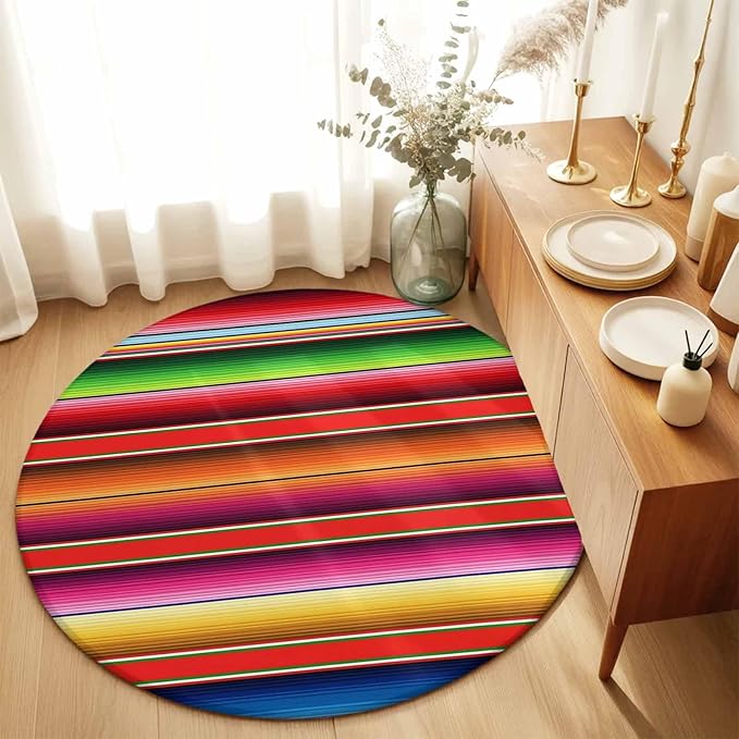 Washable Round Area Rug Mexican Stripes Vintage Boho Circle Rugs Floor Carpet for Living Room Bedroom, Native American Stripe Soft Non Slip Round Rug 5ft