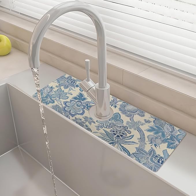 15" X 5.5" Kitchen Sink Splash Guard Faucet Mat Floral Super Absorbent Fast Drying Faucet Guard & Draining Mat Sink Splash Guard Behind Faucet for Kitchen, Bathroom
