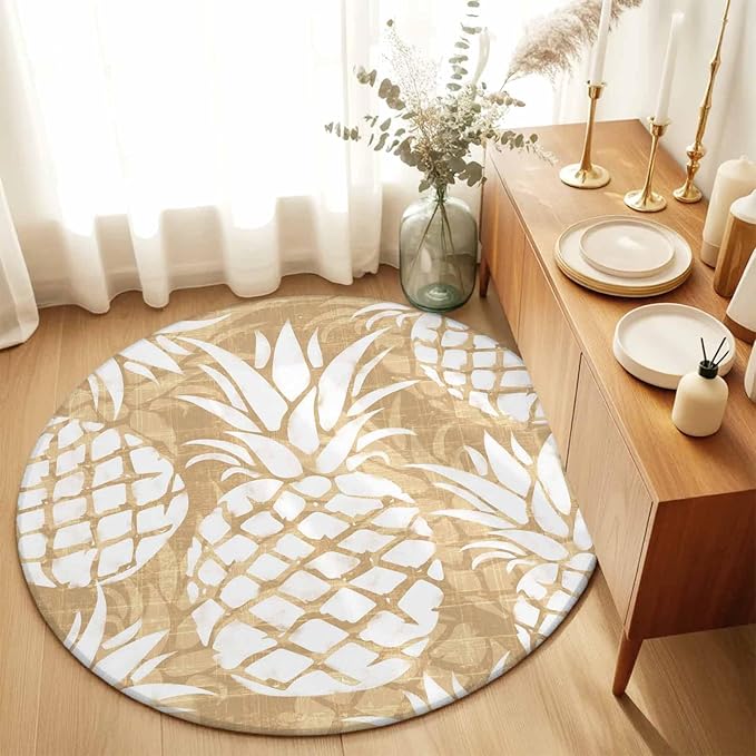 Washable Round Area Rug Summer Fruit Pineapple Circle Rugs Floor Carpet for Living Room Bedroom, Rustic Vintage Tropical Leaves Soft Non Slip Round Rug 3ft