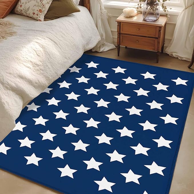 Area Rug 3x5ft, 4th of July White Star on Navy Blue Washable Rugs for Living Room Bedroom, Independence Freedom Liberty Soft Non-Slip Area Rugs Rectangle Floor Carpet for Dining Room