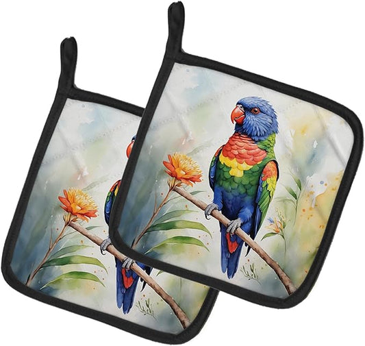 Caroline's Treasures Rainbow Lorikeet Pair of Pot Holders Kitchen Heat Resistant Pot Holders Sets Oven Hot Pads for Cooking Baking BBQ, 7 1/2 x 7 1/2